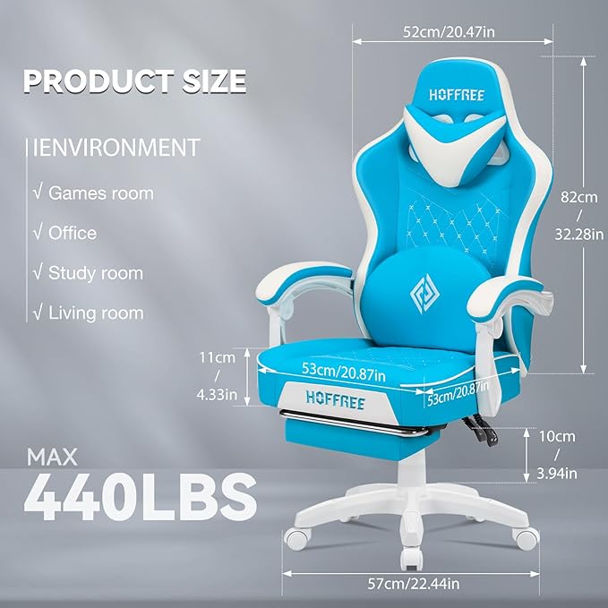 HOFFREE Gaming Chair with Speakers Massage Computer Gaming Chair with Pocket Spring Cushion for Adults Reclining Gamer Chair with Bluetooth Video Game Chairs with Footrest Sky Blue and White