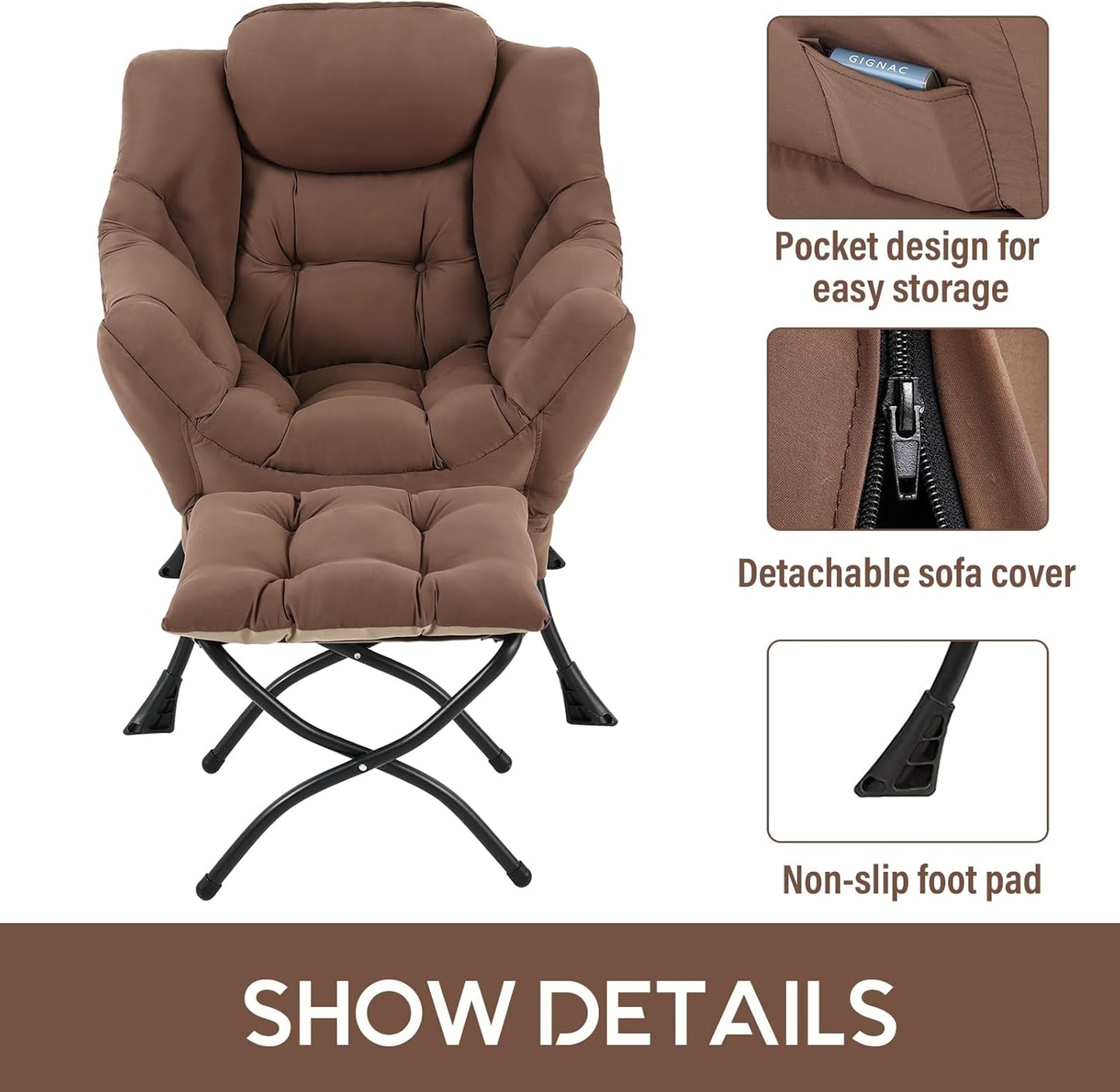 LITA Modern Accent Leisure Upholstered Sofa Chair, Contemporary Lounge Reading Chair with Armrests and a Side Pocket for Living Room, Bedroom & Small Space, Dark Brown