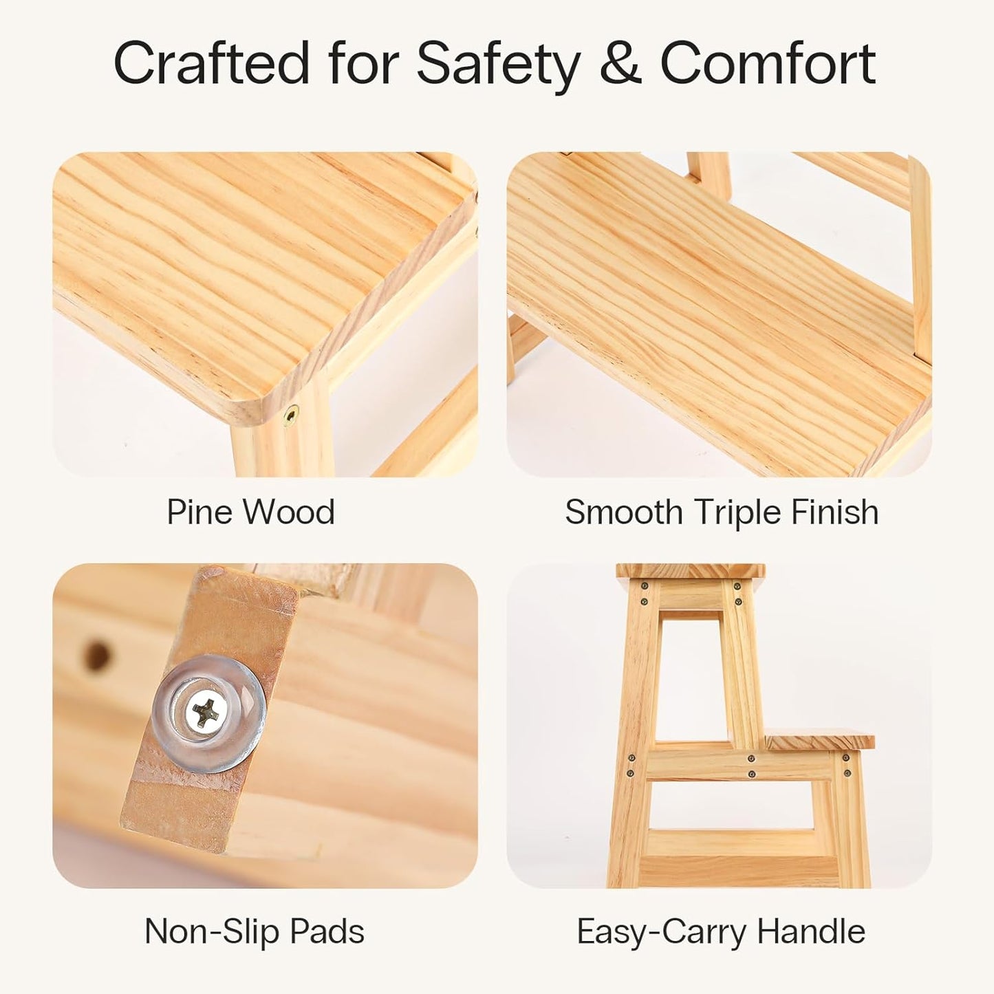 StrongTek Wooden Step Stool for Adults, 2-Tier, 300 lbs Capacity, Durable and Lightweight, Portable with Anti-Slip Feet, for Kitchen, Bathroom, Bedroom, or Closet, 17" Tall