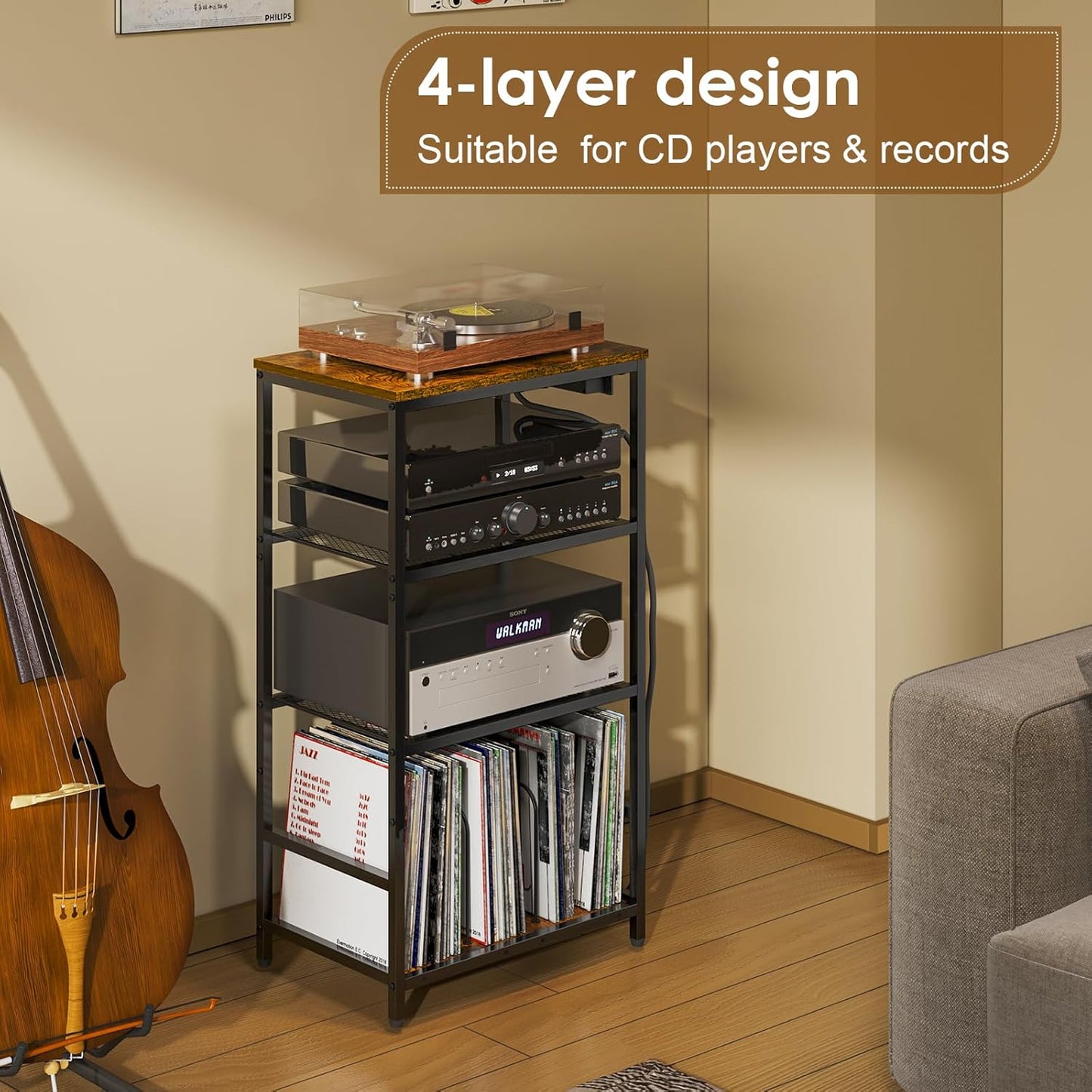 Record Player Stand with Storage, 4 Tier Turntable Stand with Vinyl Record Storage, Stereo Cabinet with Record Holder, Media Stand with Outlets for Entertainment Center