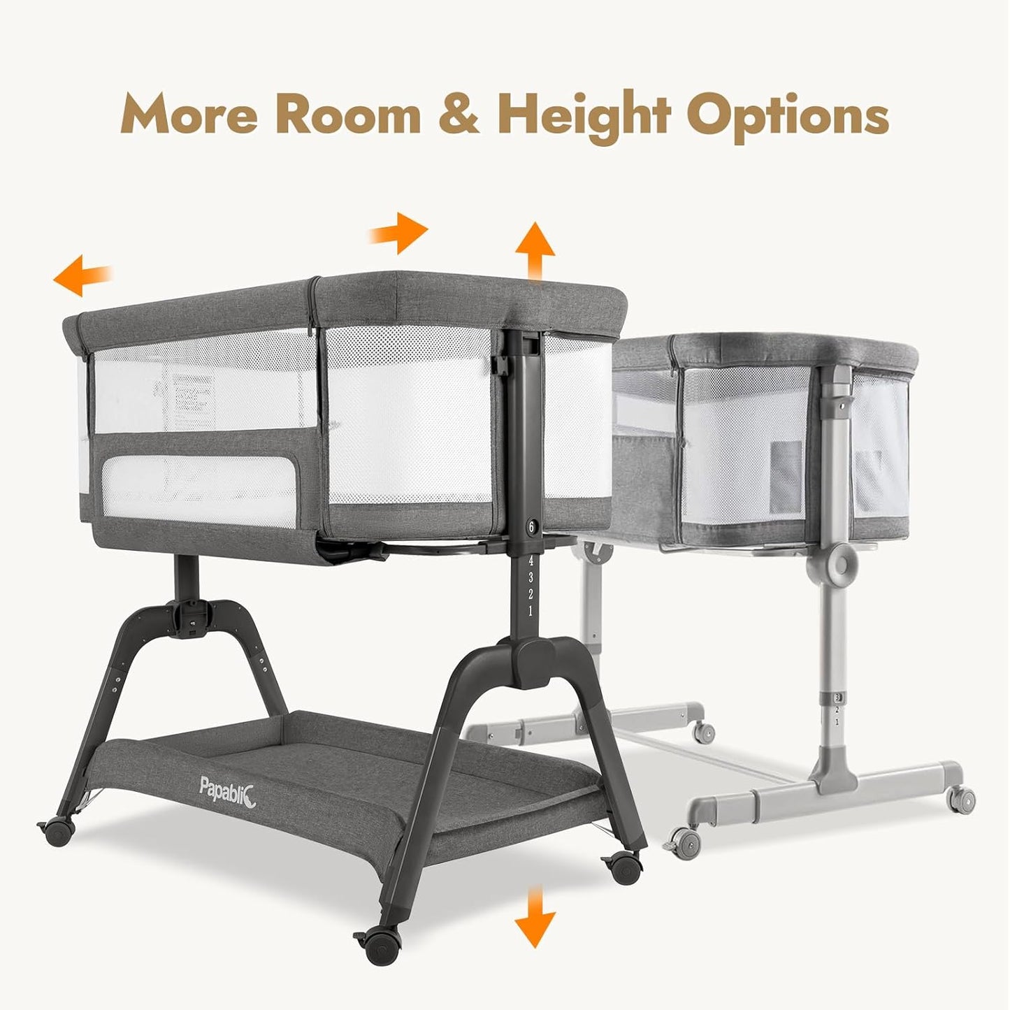 Papablic Baby Bassinet, Bedside Bassinet for Baby with Four-Sided Breathable Mesh & Soft Mattress, Adjustable Bassinet Bedside Sleeper with Storage Basket and Wheels, Easy to Assemble, Gray