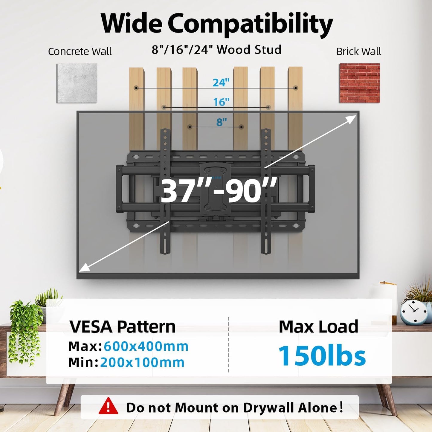 37-90 inch Full Motion TV Wall Mount, Fits 24" Wood Studs, Wall Mount tv Bracket with Smooth Swivel, Tilt, Extension, TV Mounts Hold up to 150lbs, Max VESA 600x400 mm, Fit Most 75 85 86 TVS