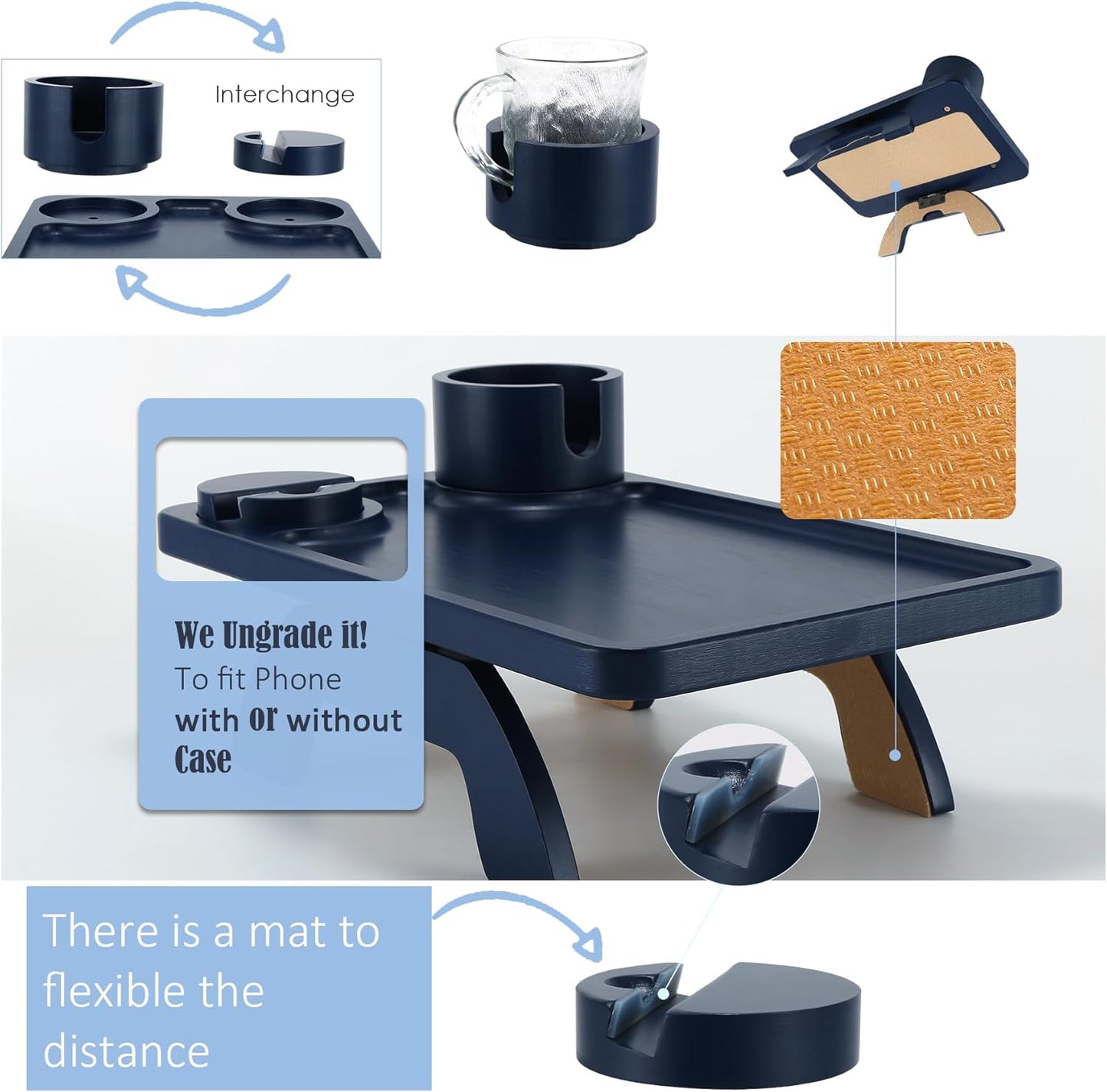 Nnewvante Couch Cup Holder,3 in 1 Large 15.36""x9.85"" Bamboo Sofa Arm Clip on Tray Table with 360°Rotated Phone/Drink Holer, Navy Blue, CAT39252