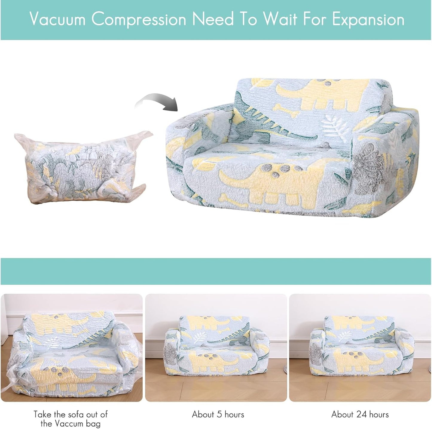 Foldable Kids Sofa Extra Wide for 2 Seats,Soft Kids Fold Out Couch Glow in The Dark,Convertible Sofa to Lounger Toddler Sofa Chair(Dinosaur)