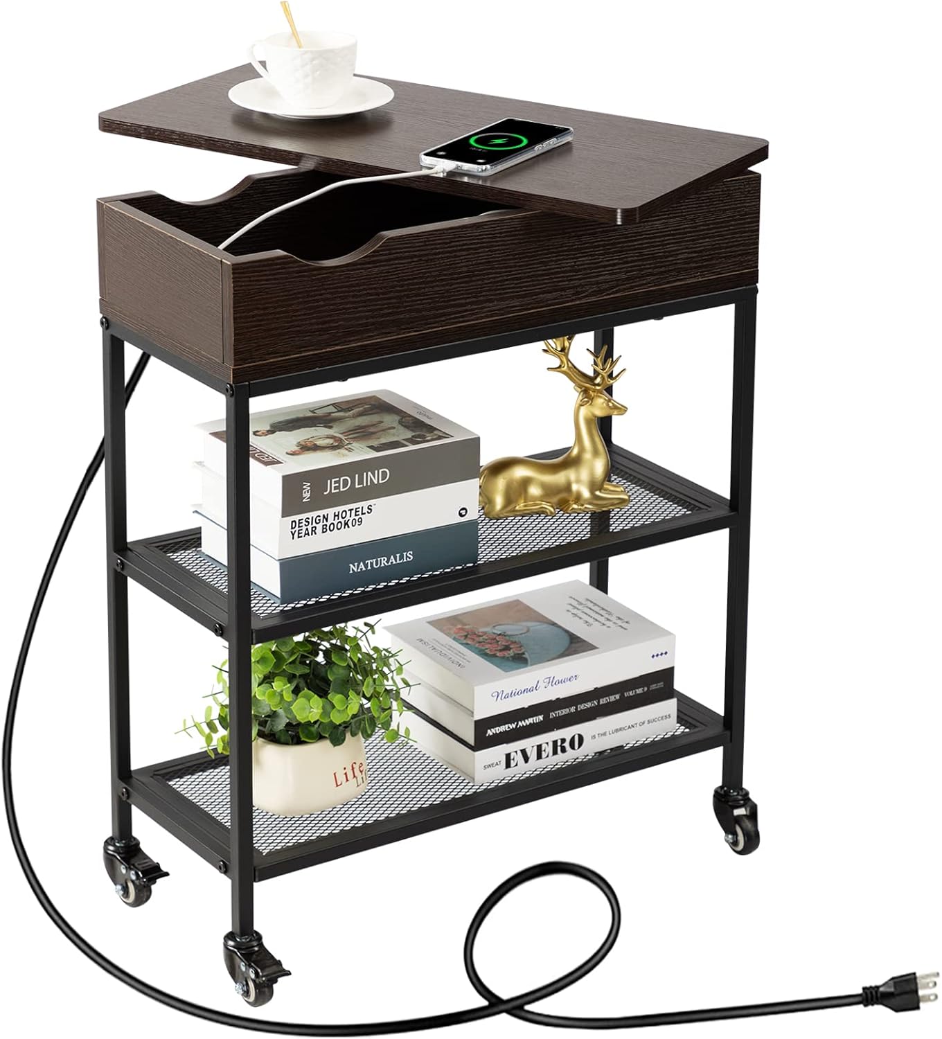 Hadulcet End Table with Charging Station & Rotating Top, Couch End Table, Rotating Swivel Top Side Table for Living Room & Bedroom, Narrow Rolling Side Table on Wheels, Skinny Nightstand, Black Walnut