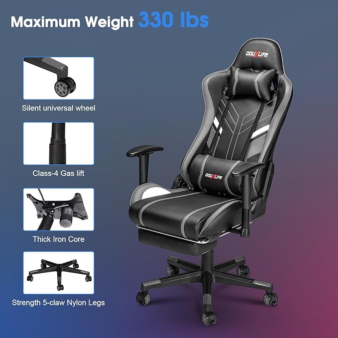 Douxlife 7-Point Massage Gaming Chair, 175° Gaming Recliner with Footrest Ergonomic Computer Office Chair High Back Video Game Chair with Lumbar Support, Upgraded Versio Grey