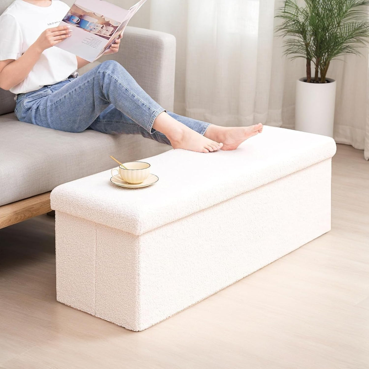 43 Inches Storage Ottoman Bench - Extra Large Foldable Ottoman with Storage, Bench for Living Room, Bedroom, Entryway - White