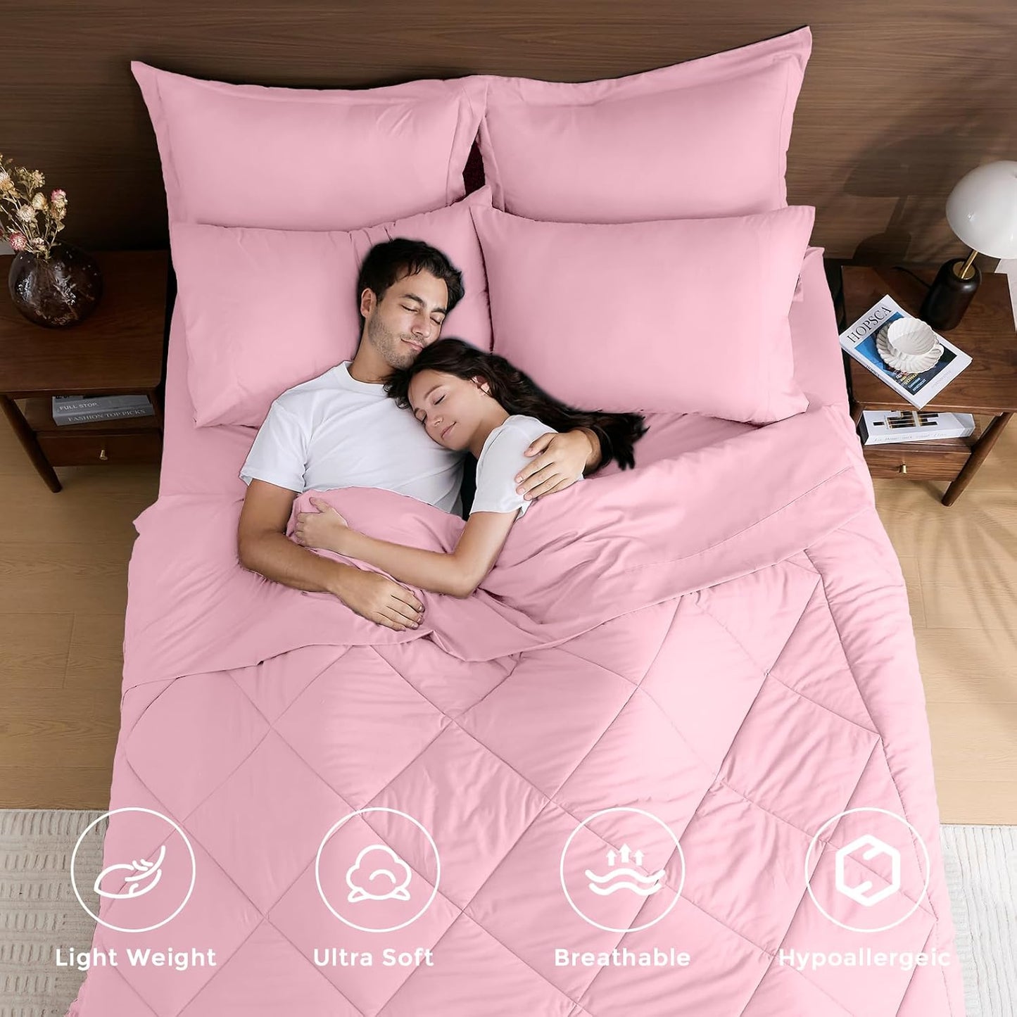 HEVUMYI Pink King Comforter Set - 7-Piece All Season Bed in a Bag King, Ultra Soft Bedding Set with Comforter, Flat Sheet, Fitted Sheet, Pillowcases, Pillow Shams, Pink