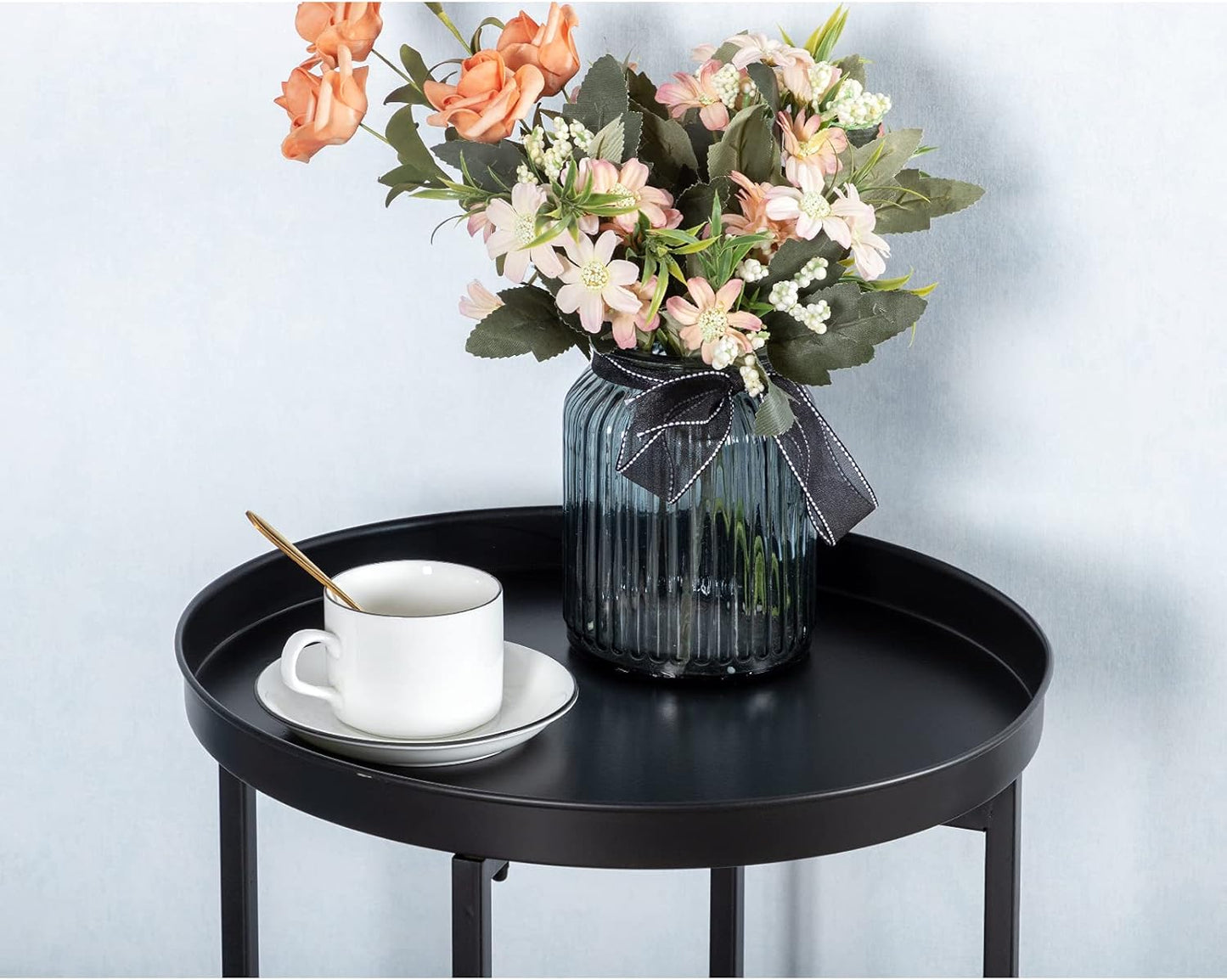 HollyHOME Small Round Metal Waterproof End Table, Accent Indoor&Outdoor Coffee Side Table, Snack Sofa Table for Living Room, Anti-Rust Decorative Plant Stand, (D) 14.5" x (H) 25", Black