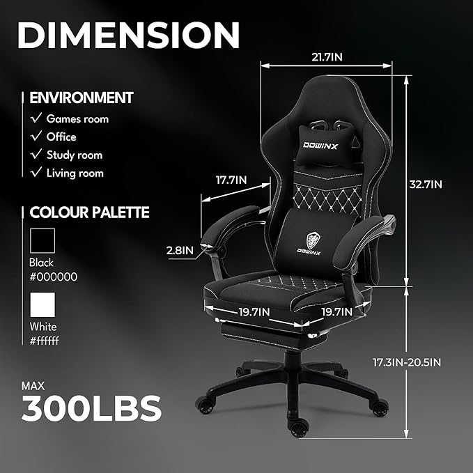 Dowinx Gaming Chair Breathable Fabric Game Chair with Gel Pad and Storage Bag, Comfortable Gamer Chair with Pocket Spring Cushion, Ergonomic Computer Chair with Footrest, Black