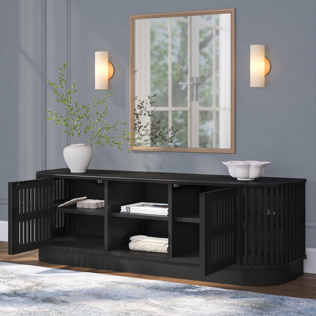 Plank+Beam Contour Wood TV Stand, Solid Wood Entertainment Console with Storage, 59" L x 16" W x 19" H, Black