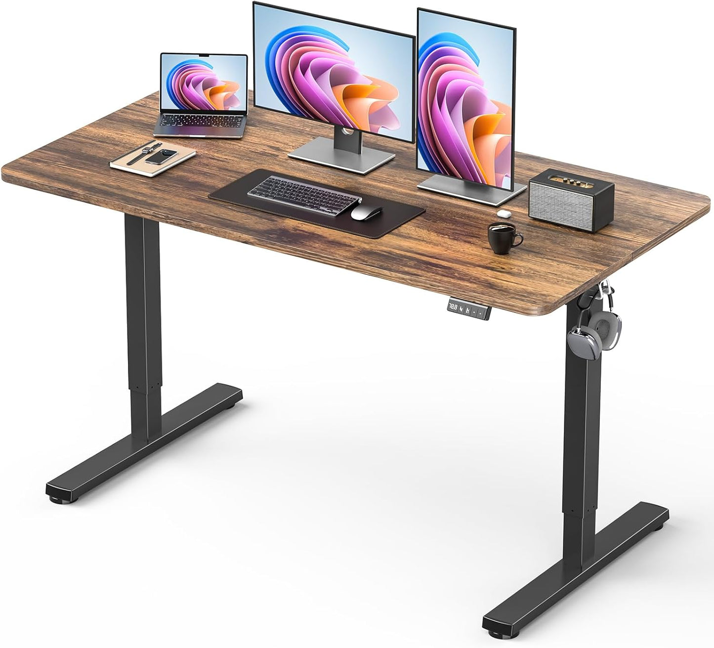 Electric Standing Desk, Large Height Adjustable Stand up Desk, 48 x 24 Inches Sit Stand Home Office Desk, with Splice Board, Black Frame/Rustic Brown Top