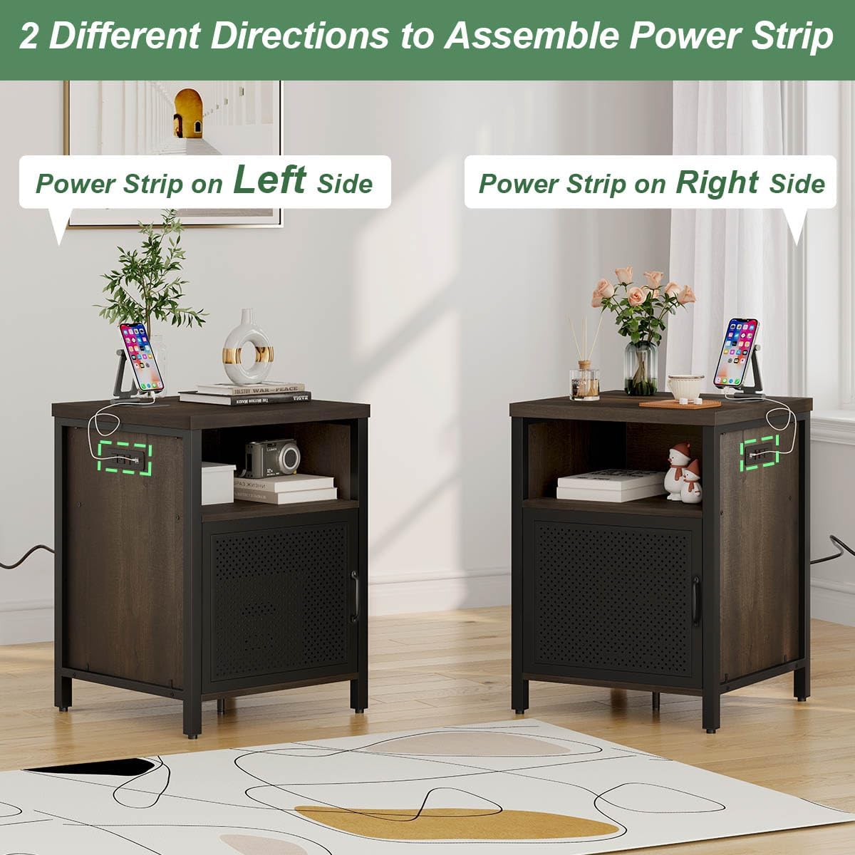 FATORRI End Table with Storage, Rustic Side Table for Living Room, Narrow Wood and Metal Bedside Tables with Door (Walnut Brown)