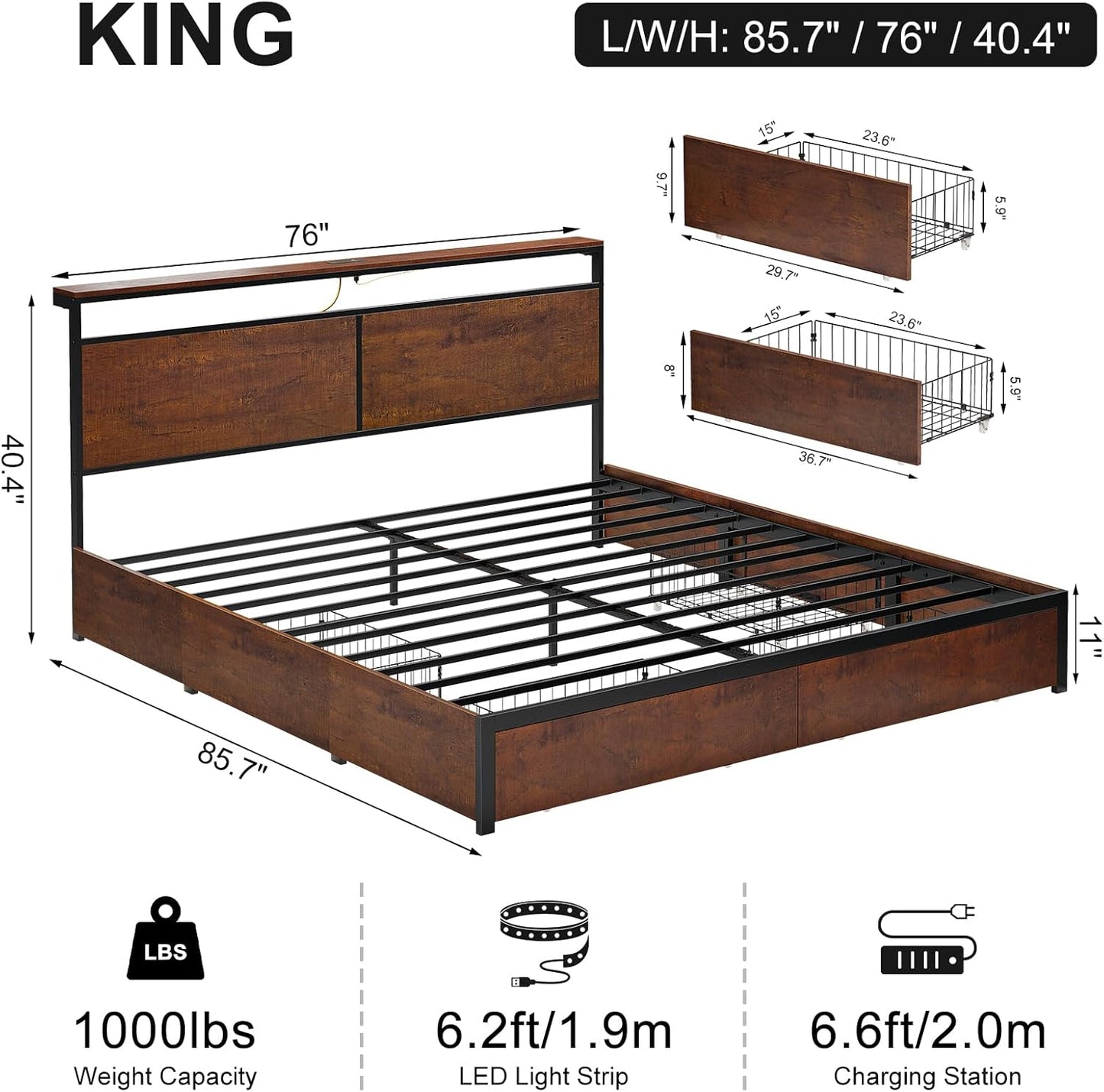King Bed Frame with Storage Headboard and 4 Drawers Bed Frame King Size with Charging Station LED Lights Metal Platform Non-Slip Without Noise No Box Spring Needed