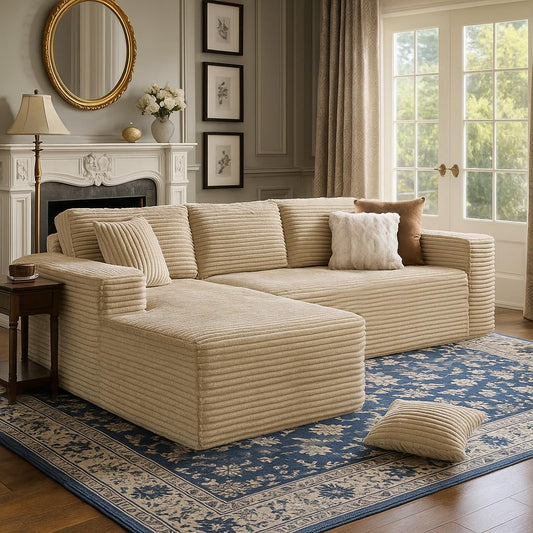 COMHOMA 105”Modular Sectional Sofa with Deep Seat,Cloud Upholstered L-Shape Couch Wide Arms Corduroy Fabric High-Density Foam Chaise Lounge for Living Room No Assembly Required