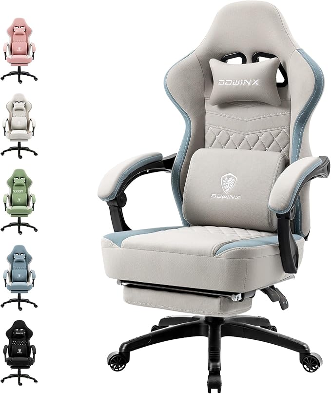 Dowinx Gaming Chair Breathable Fabric Game Chair with Gel Pad and Storage Bag, Comfortable Gamer Chair with Pocket Spring Cushion,Ergonomic Computer Chair with Footrest,Grey