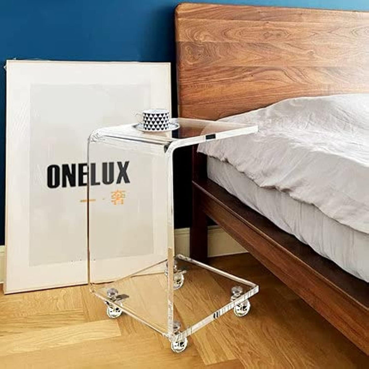 ONELUX Mobile C Shaped End Table,Acrylic Sofa Side Table, Snack Table On Wheels,Clear Rolling Table