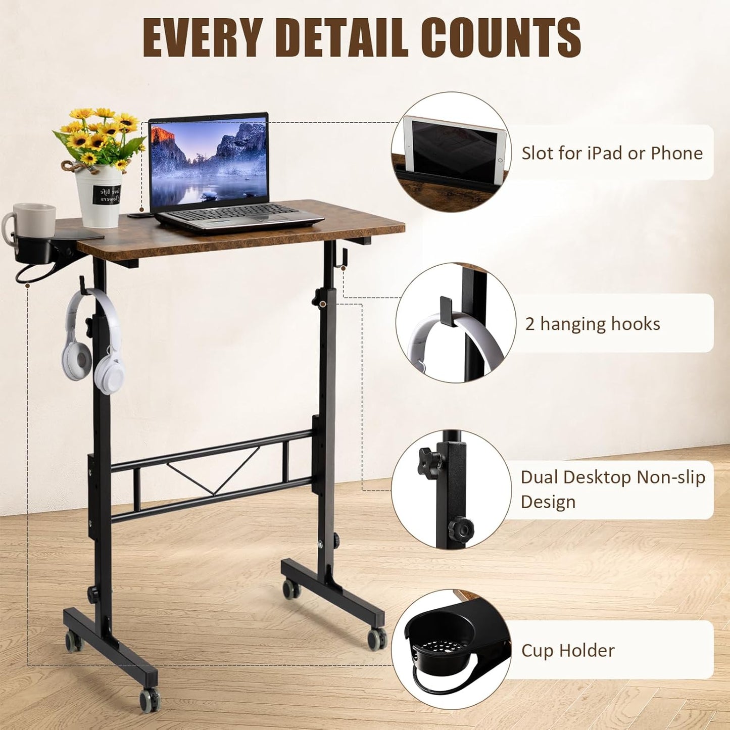 SIDUCAL Standing Desk Adjustable Height, Small Mobile Stand Up Desk with Wheels, Portable Computer Desk for Walking Pad, Rolling Table for Home Office Classroom, Rustic Brown