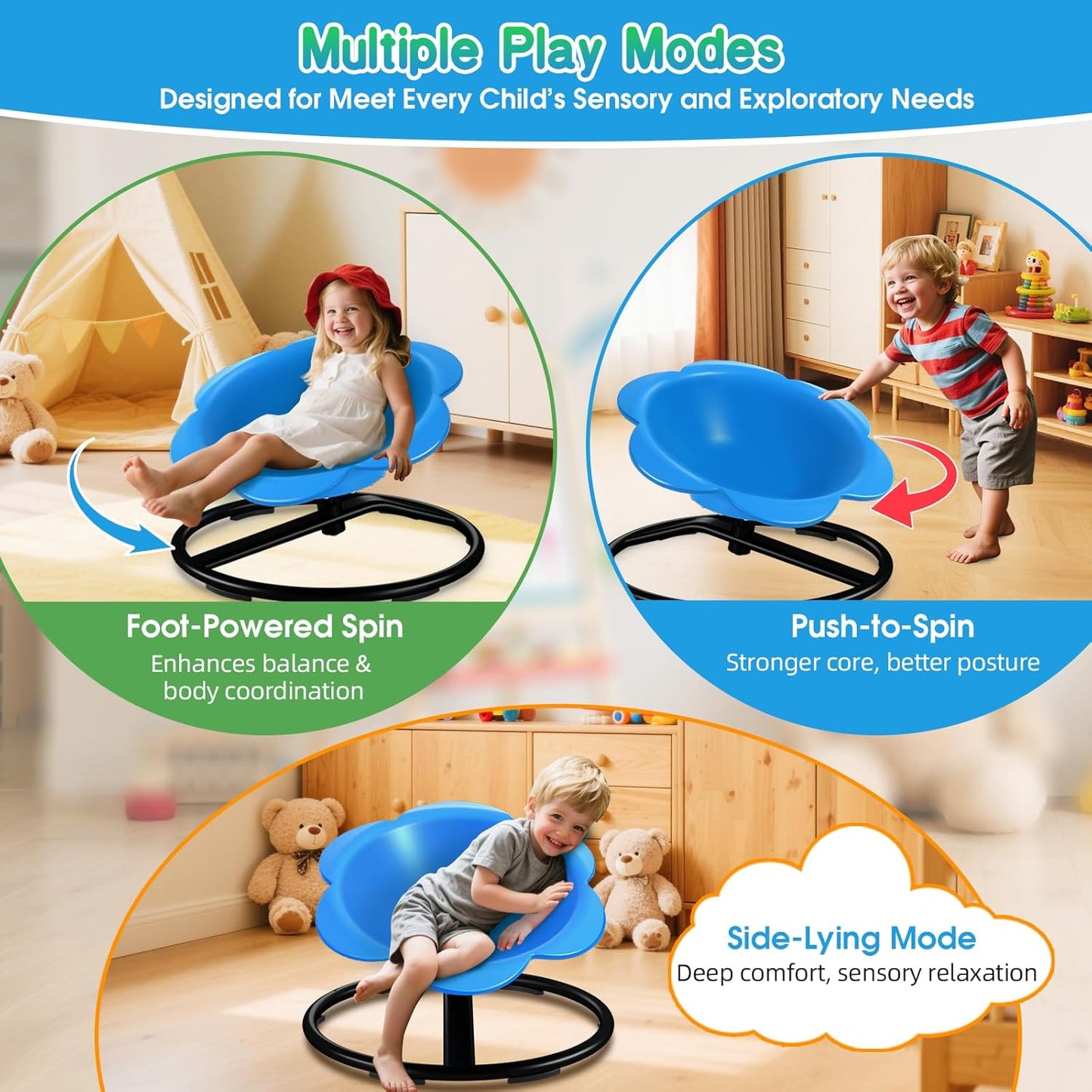 Lucky Flower Spinning Chair for Autism Kids, Sensory Swivel Chair Training Body Coordination, Sit and Spin Autism & ADHD Sensory Toys for Kids, Sensory Products Toys for Ages 3+ (Blue)