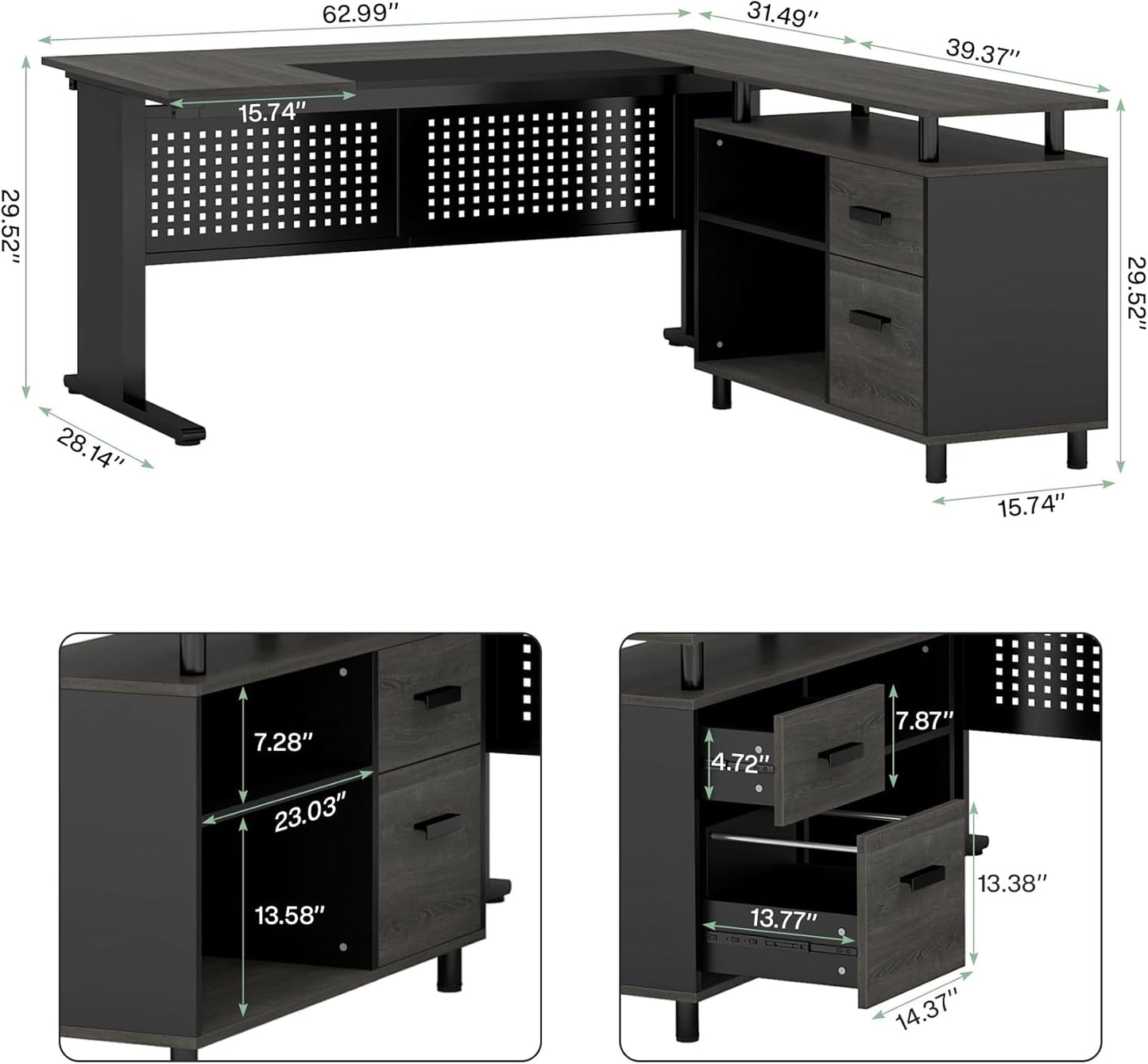 LITTLE TREE Large Computer Desk with File Cabinet, 63 Inch Executive Desk L Shaped Office Desk with Drawers and Storage Shelves, Business Furniture Desk Workstation for Home Office