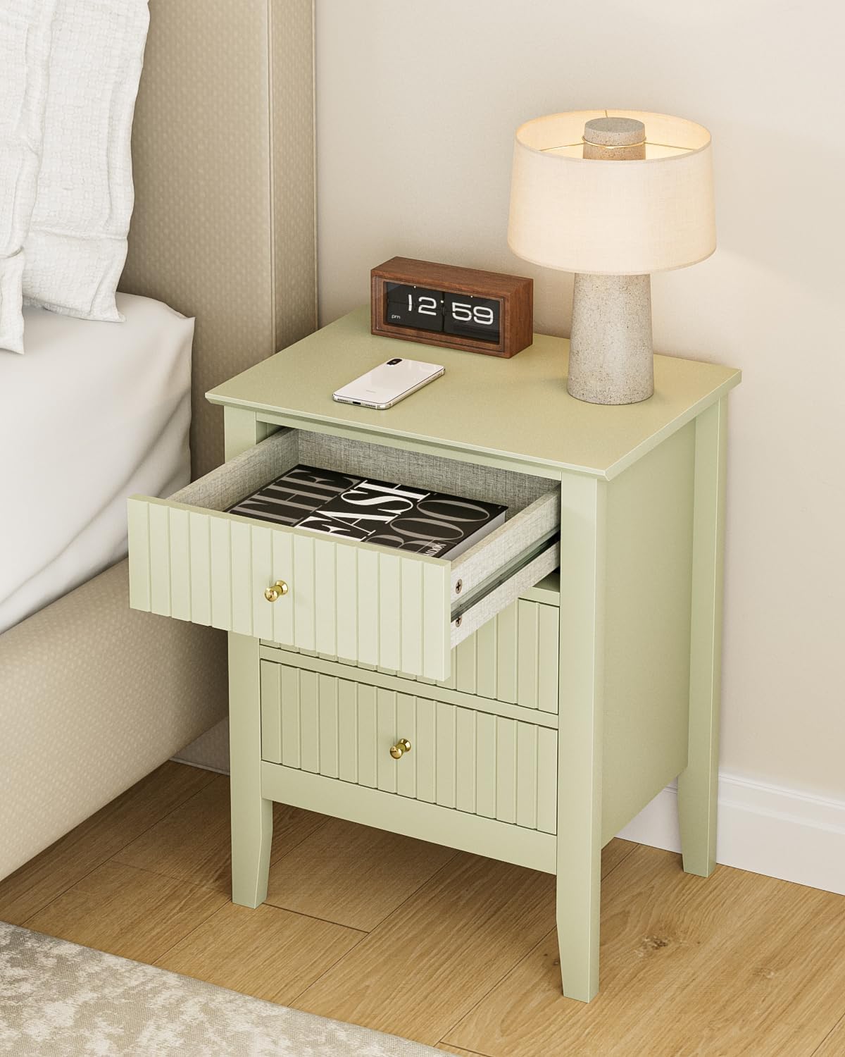 Fluted Nightstand, Farmhouse Night Stand with 3 Drawers, Mid Century Modern Side Accent Table,Bedside End Table for Bedroom, Living Room, Pale Green