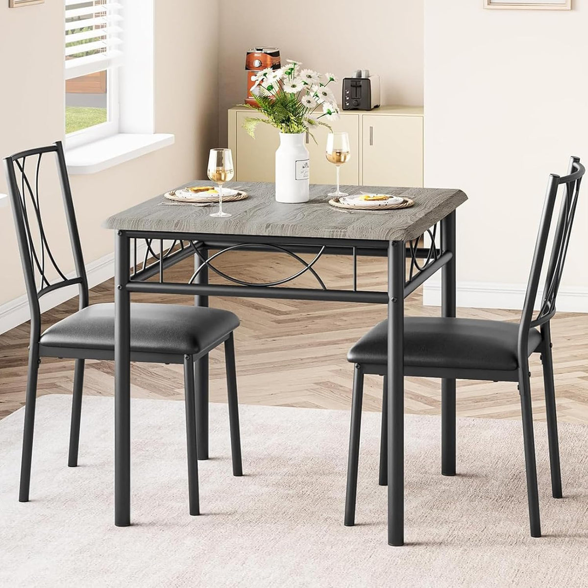CABIHOME Dining Table Set for 2, 3 Piece Kitchen Table Set with 2 Upholstered Chairs, Square Kitchen Table Set for Small Space, Apartment, Dining Room, Retro Gray