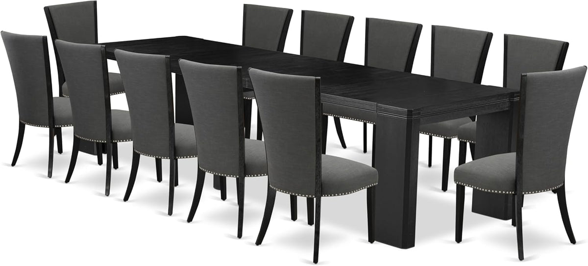 X12VE-006-50 - 13-piece Modern Dining Room Table Set a Rectangular Kitchen Table and 12 Dark Gotham Grey Linen Fabric Dining Chair, 39x120 Inch, Wire Brushed Black