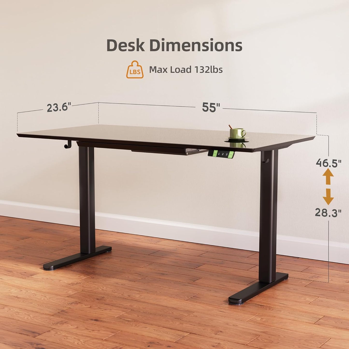 INNOVAR Glass Standing Desk with Drawers, 55×24 Inch Adjustable Stand Up Desk, Quick Install Home Office Computer Desk, Black