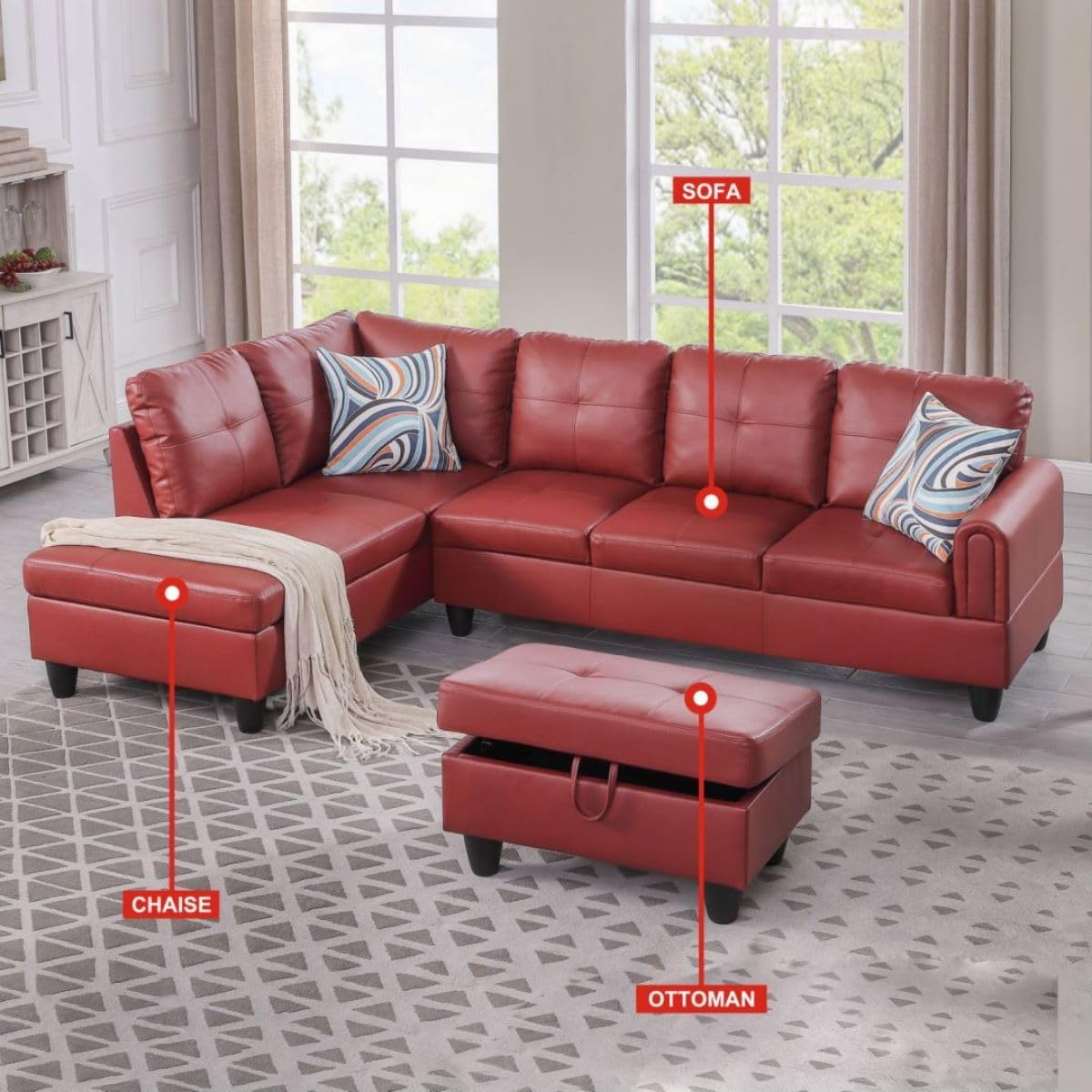 Red L-Shaped 3-Piece Faux Leather Sofa with Storage Ottoman Set, Sectional Couch Sofa Set for Living Room, Office, Small Space