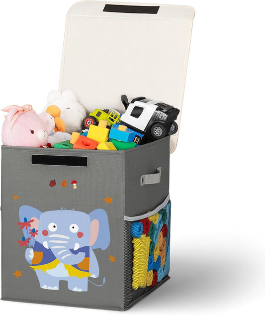 40L Large Toy Storage Box with Lid, Large Toy Box Chest for Kids, Girls and Boys, Nursery Room and Living Room, 13"x13" x16" (grey-animal)