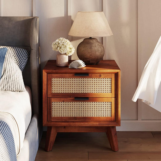 Bme Jasper Deluxe Solid Wood Rattan Nightstand Fully Assembled - Mid Century Modern Side Table with 2 Drawers - Multipurpose use for Living Room, Bedroom - Dark Chocolate