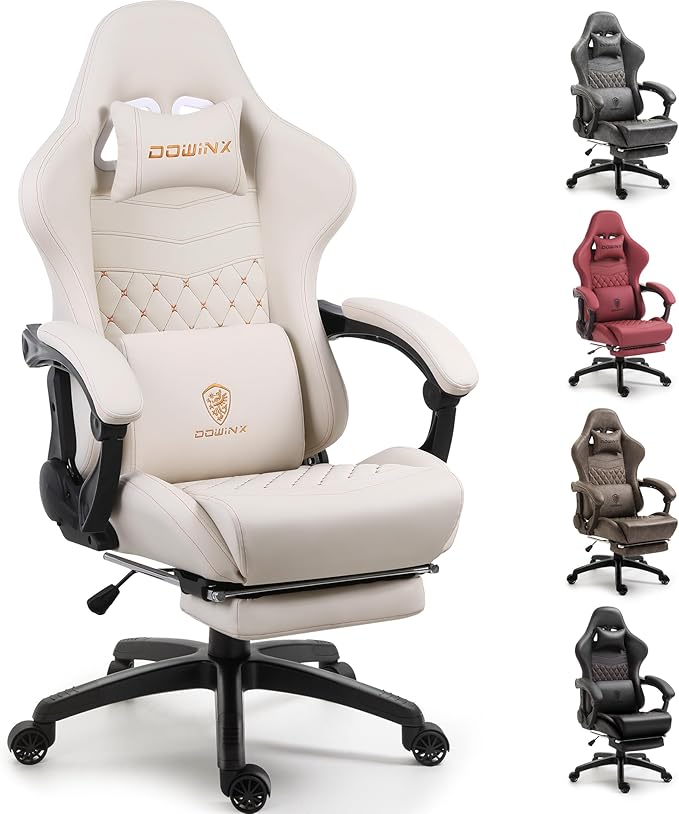 Dowinx Gaming Chair Big and Tall, Ergonomic Computer Chair with Footrest and Massage Lumbar Support, High Back Comfortable Gamer Chair for Adults 350Lbs PU Leather for Office Game, Ivory