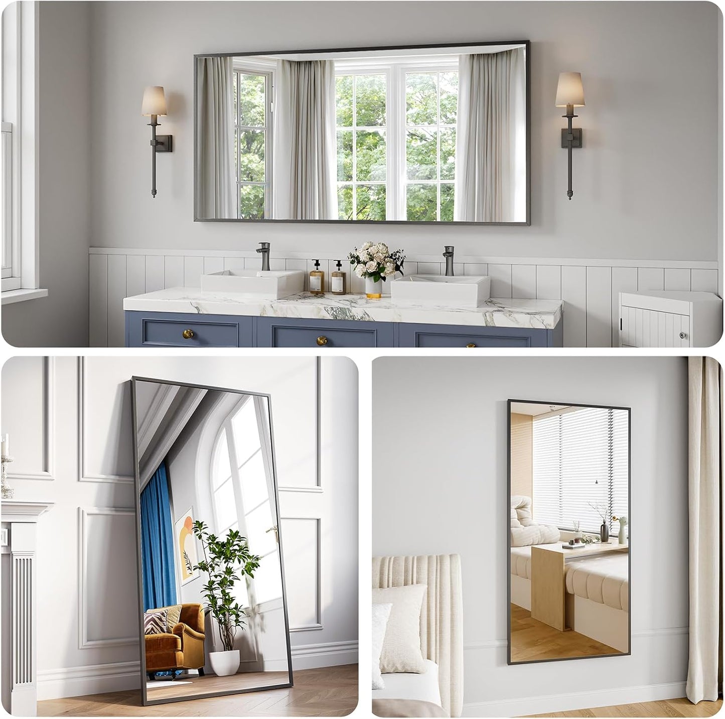 Koonmi Bathroom Mirror 30x60 Bathroom Wall-Mounted Mirrors, Modern Vanity Mirror for Bedroom, Living Room, Aluminum Alloy Frame Allow to Hang Horizontally or Vertically