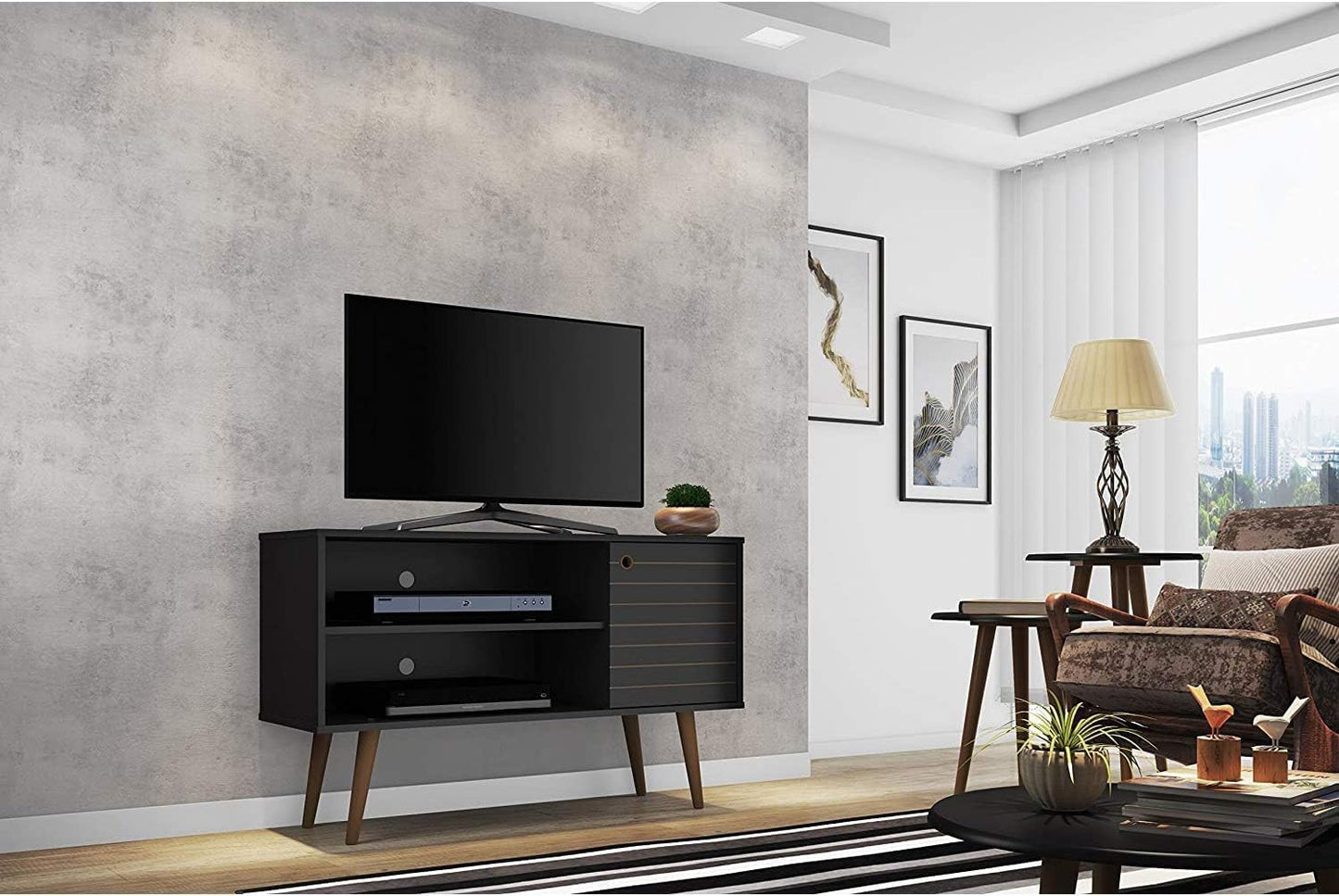 Manhattan Comfort Liberty Mid Century Modern TV Stand for Televisions up to 46 Inches, Bedroom and Living Room Entertainment Center with Storage, Shelves, and Cabinet, 43" Wide, Black