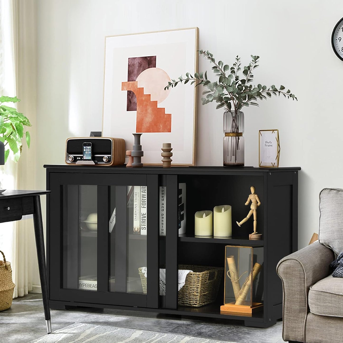 Costzon Sideboard Buffet Cabinet, Wooden Kitchen Storage Cabinet with Adjustable Shelf, Sliding Glass Doors, Accent Coffee Bar Cabinet Console Table for Living Room, Dining Room, Hallway (Black)