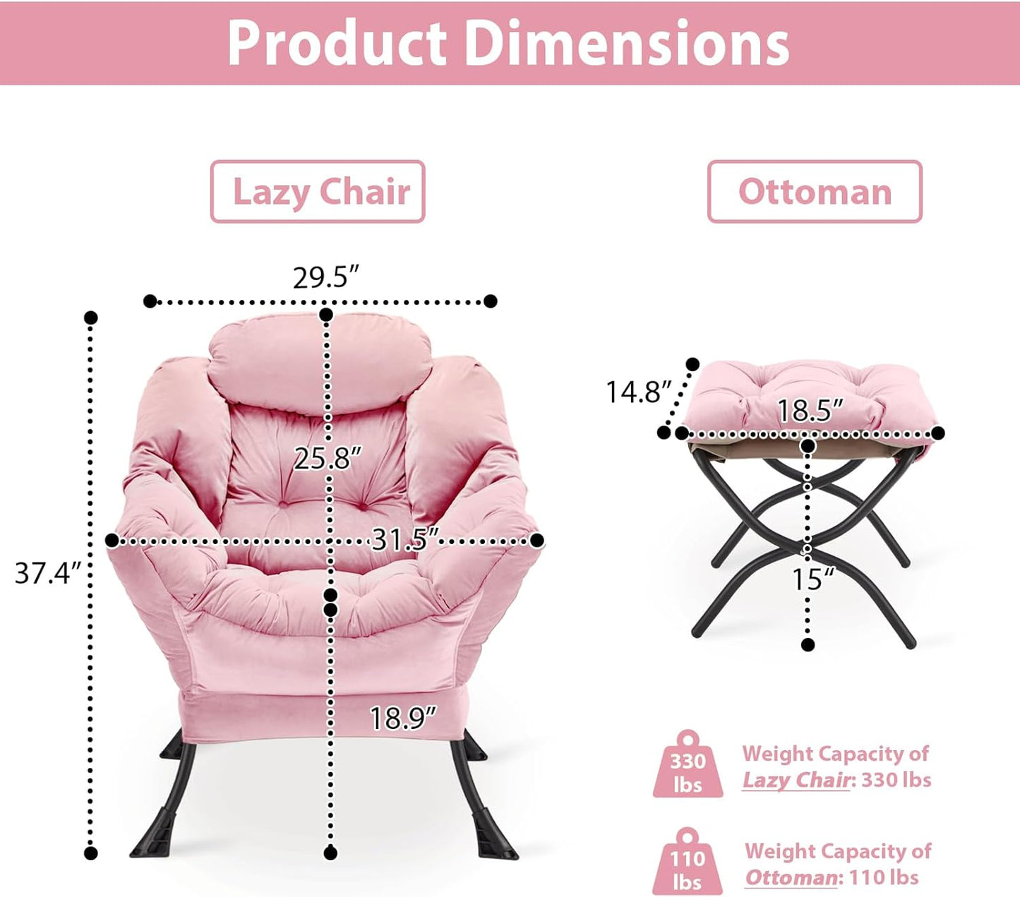Lazy Chair with Folding Ottoman, Accent Chair Velvet Upholstered with Metal Structure and Non-Slip Pads, Sofa Armchair with Footrest and Side Storage Bag for Dorm, Room, Office, Pink