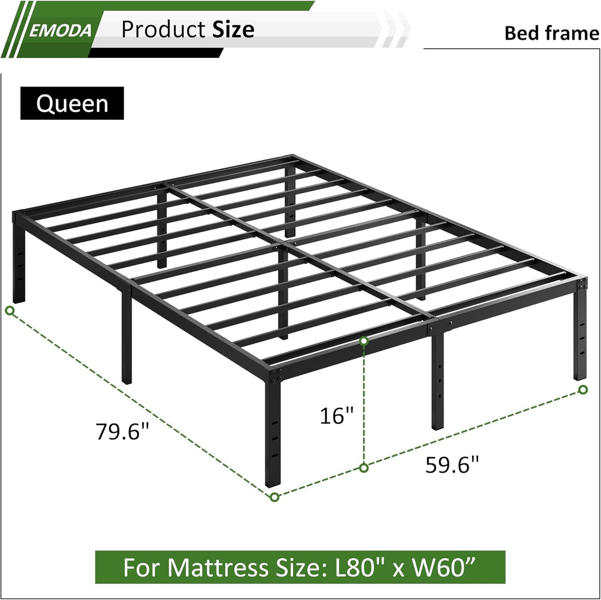 EMODA 16 Inch Bed Frame Queen Size Heavy Duty Metal Platform No Box Spring Needed with Steel Slat Support, Easy Assembly, Black