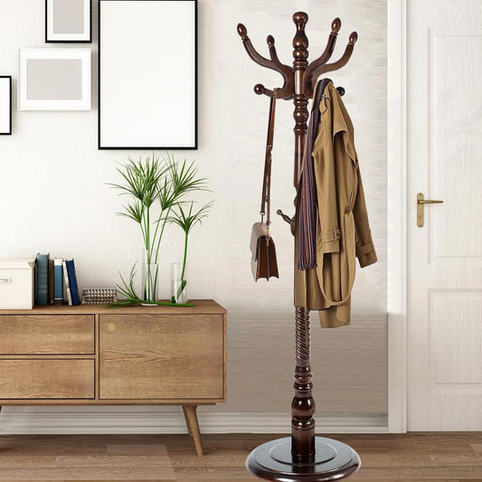 Coat Racks Free Standing with 14 Hooks, Natural Wood Coat Stands for Entryway, Adjustable Height 73 in Tree Coat Rack Stand for Hallway Home Office Bedroom (Dark Brown)