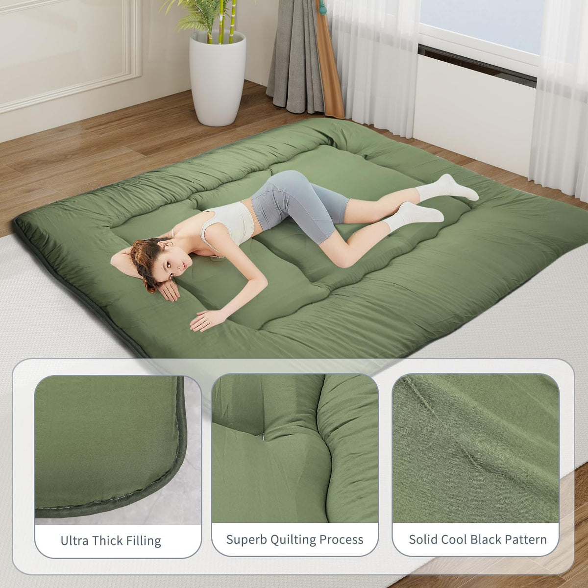 Japanese Floor Mattress,Roll Up Memory Foam Tatami Mat Easy to Store and Portable,Futon Mattress Suitable for Camping and Guest Room (Green, Queen (80" X 60"))