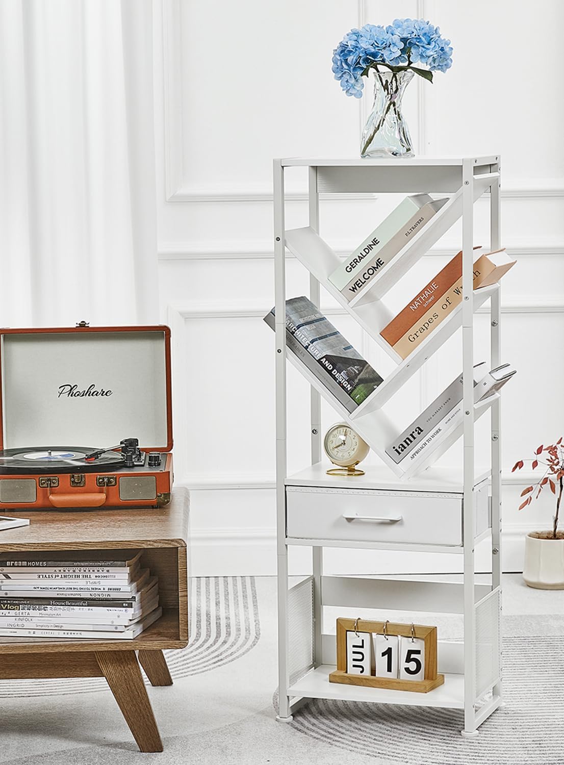 Bookshelf with Drawer,8 Tier Tree Bookcase Retro Floor Standing Bookshelves,Tall Wood Bookcases with Cabinet Storage Organizer for Living Room, Bedroom & Home Office, White