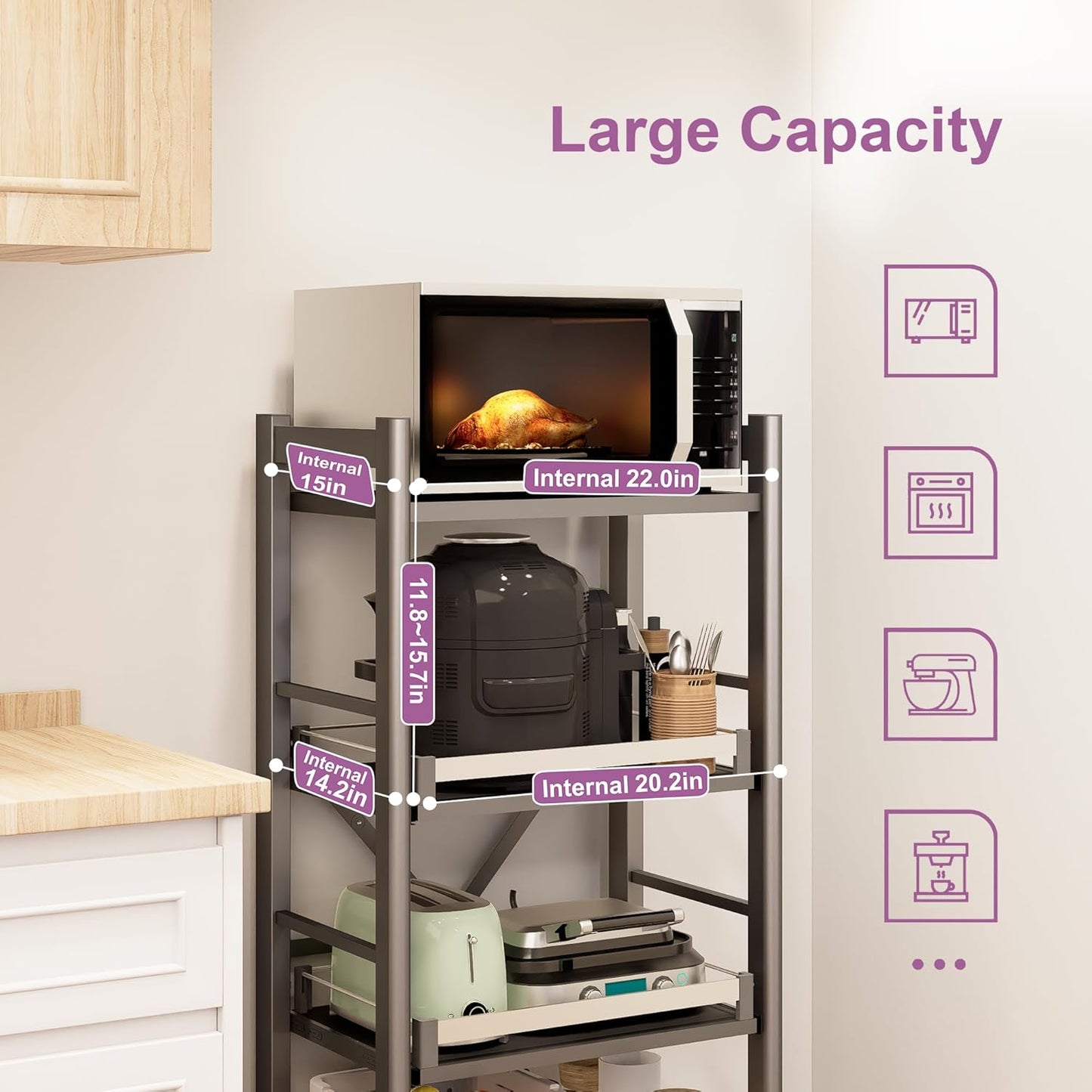 4-Tier Pull Out Kitchen Baker's Rack with Wheels, Heavy Duty Metal Microwave Stand with Storage, Adjustable Ktichen Shelves Freestanding, Rolling Utility Storage Cart (23.6''W x 49.2''H)