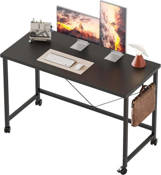 Rolling Computer Desk with Wheels, Gaming Desk for Small Spaces, Modern Simple Style Table for Home Office, Study Writing Table (Caster, Black, 40 inch)