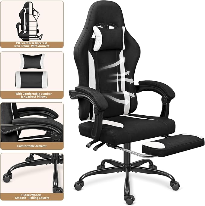 Breathable Fabric Gaming Chair with Footrest, Height Adjustable Game Chair, Video Gaming Chair for Gaming Room, Living Room and Office - Black/White