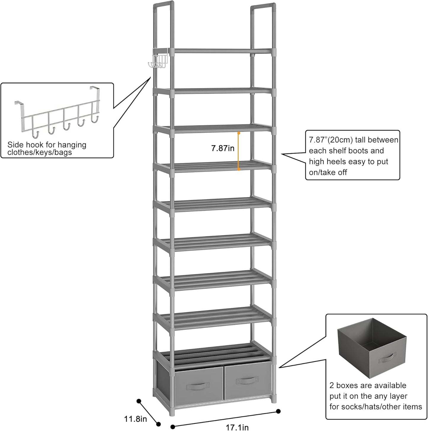 Shoe Rack, Sturdy Metal Shoes Rack Organizer,Narrow Shoe Rack,Shoe Racks for Closets,Shoes Rack,Shoe Stand,Shoe Shelf (10 Tier with 2 Boxes and 1 Hook)