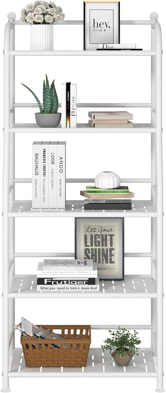 5 Tier Metal Shelf Storage Shelves Living Room Bookshelf Bathroom Corner Storage Rack for Kitchen,Indoor Plant Stand (Matte White, 5 Tier)