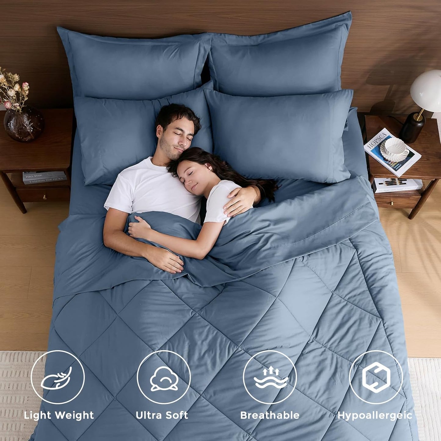 HEVUMYI Dusty Blue Queen Comforter Set - 7-Piece All Season Bed in a Bag Queen, Ultra Soft Bedding Set with Comforter, Flat Sheet, Fitted Sheet, Pillowcases, Pillow Shams