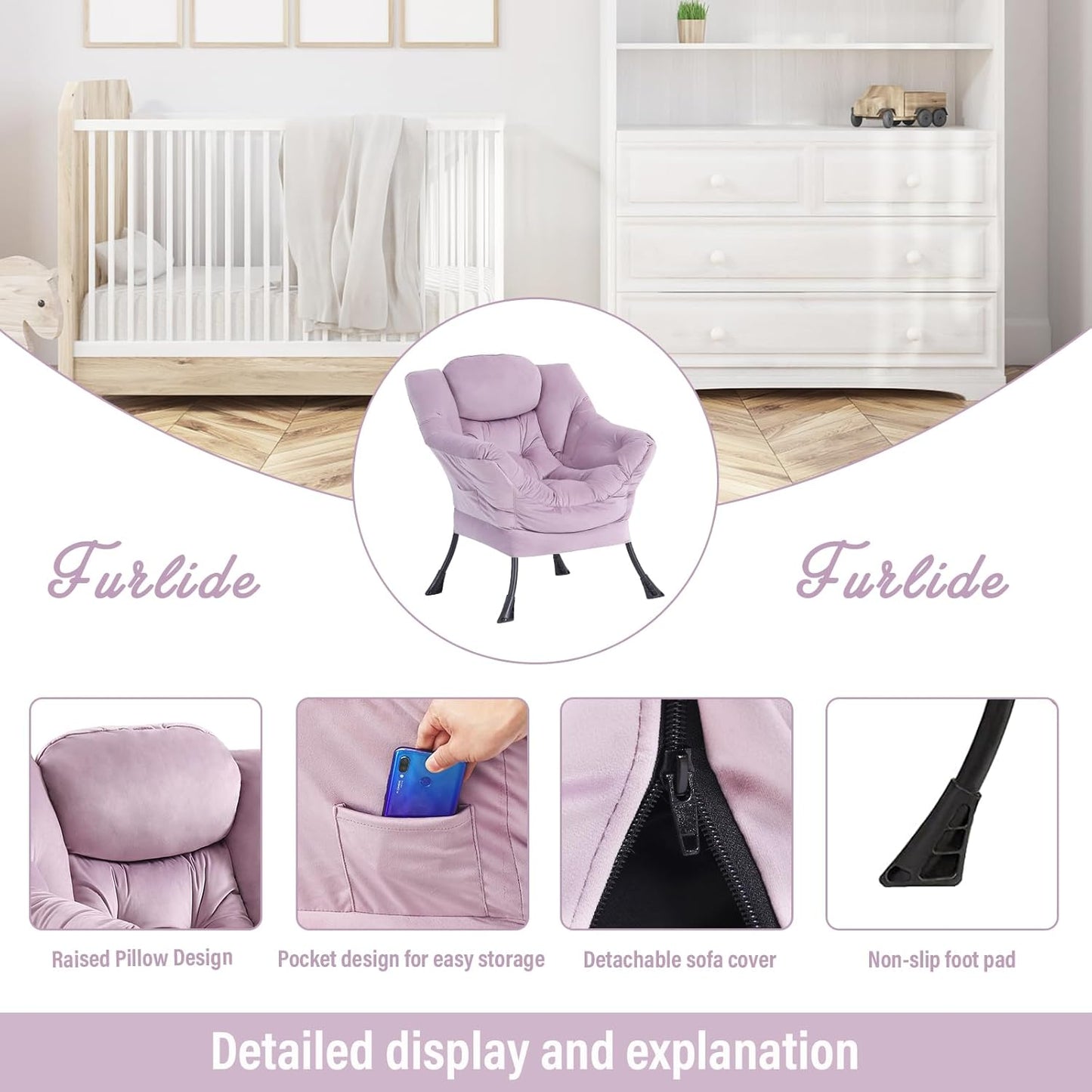 Lazy Chair with Ottoman, Modern Chair with Folding Footrest, Lounge Accent Chair, Comfortable Reading Chair (Velvet Light Purple)