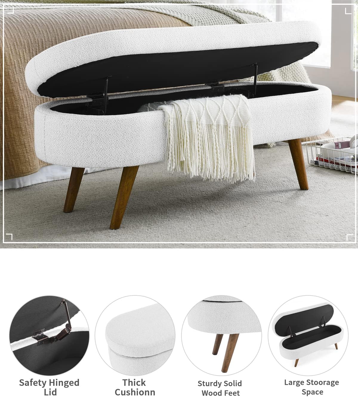 Oval Storage Bench 43.5" Linen Fabric Upholstered Entryway Bench with Solid Wood Legs Ottoman Bench Indoor Bench for Living Room/Bedroom/End of Bed/Entryway (White)