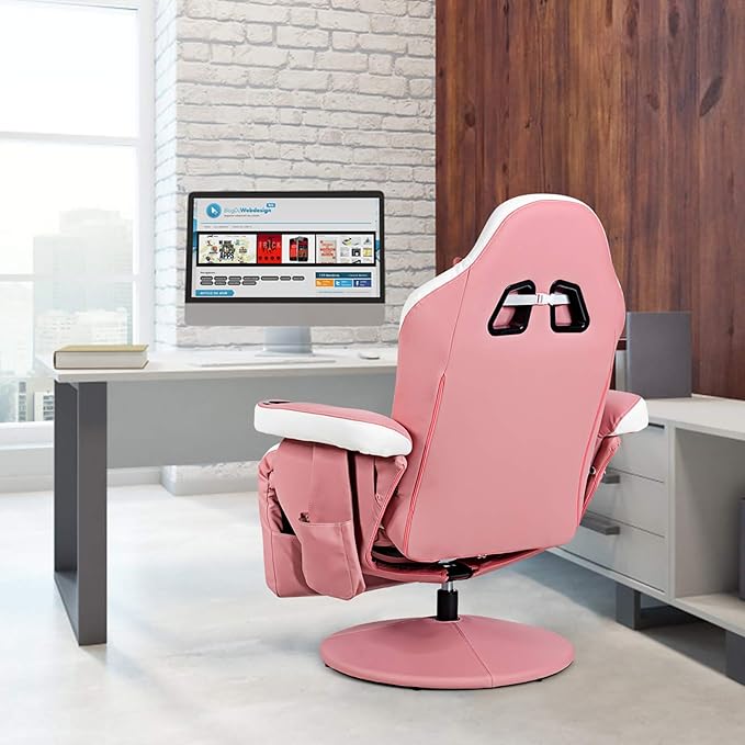 POWERSTONE Gaming Recliner Massage Gaming Chair with Cup Holder Ergonomic PU Leather Single Sofa with Footrest and Side Pouch, Adjustable Living Room Chair Home Theater Seating (Pink)