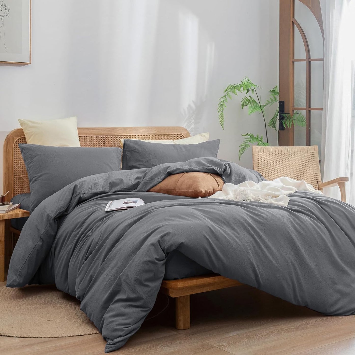 BESTOUCH Duvet Cover Set 100% Washed Cotton Linen Feel Super Soft Comfortable Chic Lightweight 2 PCs Home Bedding Set Solid Quiet Shade Grey/Twin XL